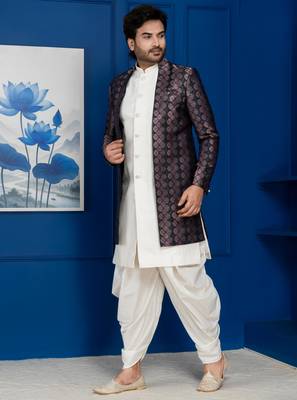Silk blend white jacquard open sherwani dhoti set for men with embroidered work 2