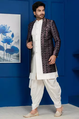Silk blend white jacquard open sherwani dhoti set for men with embroidered work