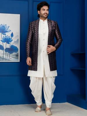 Silk blend white jacquard open sherwani dhoti set for men with embroidered work 3