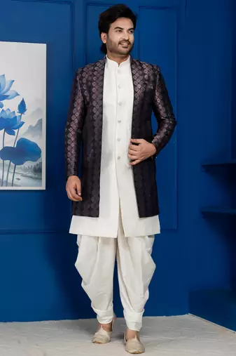 Silk blend white jacquard open sherwani dhoti set for men with embroidered work