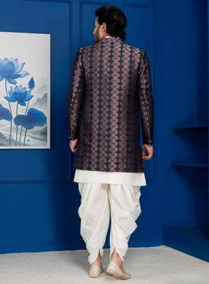 Silk blend white jacquard open sherwani dhoti set for men with embroidered work 4