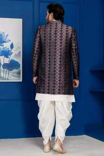 Silk blend white jacquard open sherwani dhoti set for men with embroidered work