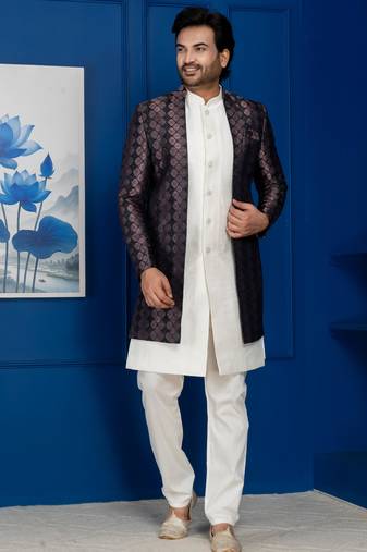 Silk blend white  jacquard open sherwani pyjama set for men with embroidered work