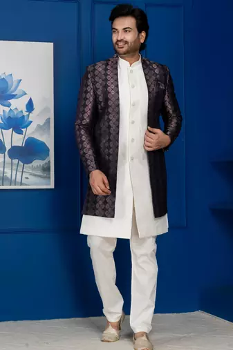 Silk blend white jacquard open sherwani pyjama set for men with embroidered work