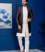 Silk blend white jacquard open sherwani pyjama set for men with embroidered work