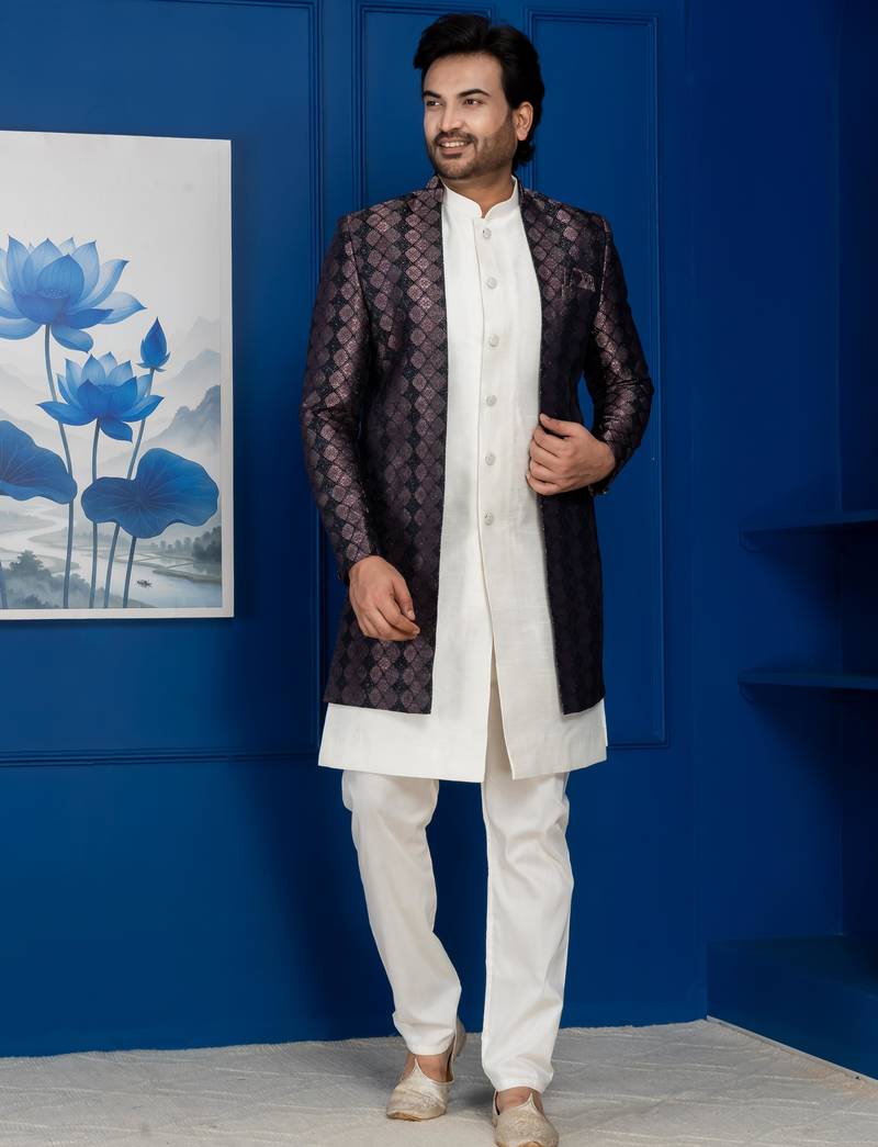 Silk blend white jacquard open sherwani pyjama set for men with embroidered work