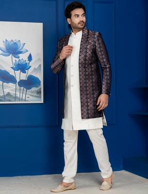 Silk blend white jacquard open sherwani pyjama set for men with embroidered work 2
