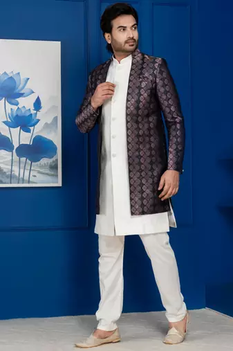 Silk blend white jacquard open sherwani pyjama set for men with embroidered work
