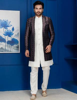 Silk blend white jacquard open sherwani pyjama set for men with embroidered work 3