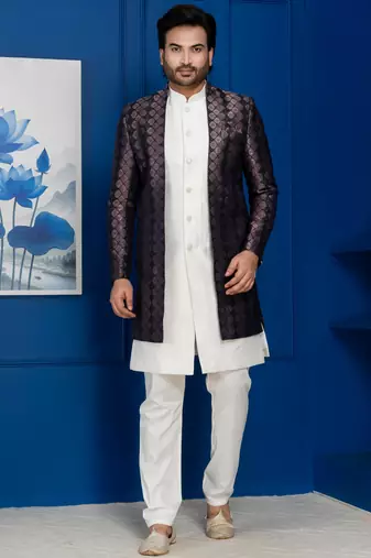 Silk blend white jacquard open sherwani pyjama set for men with embroidered work