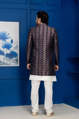 Silk blend white jacquard open sherwani pyjama set for men with embroidered work 4