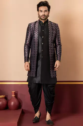 Silk blend black jacquard open sherwani dhoti set for men with embroidered work