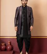 Silk blend black jacquard open sherwani dhoti set for men with embroidered work