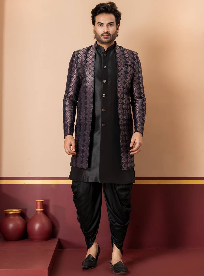 Silk blend black jacquard open sherwani dhoti set for men with embroidered work
