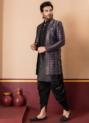 Silk blend black jacquard open sherwani dhoti set for men with embroidered work 2
