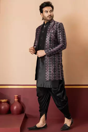Silk blend black jacquard open sherwani dhoti set for men with embroidered work