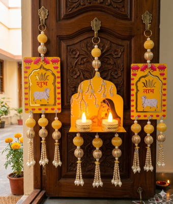decorative jharokha with shubh labh cow hanging for home decor  handmade toran door hanging decor (set of 1) 1