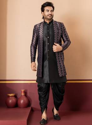 Silk blend black jacquard open sherwani dhoti set for men with embroidered work 3