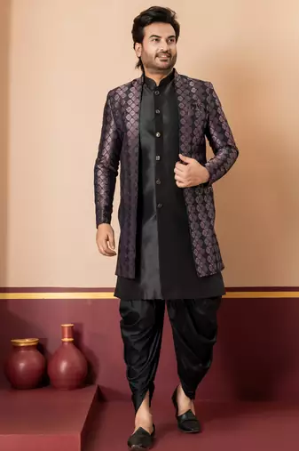 Silk blend black jacquard open sherwani dhoti set for men with embroidered work
