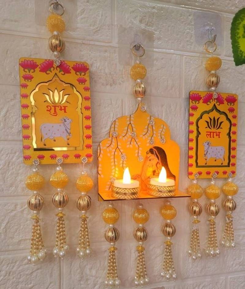 decorative jharokha with shubh labh cow hanging for home decor  handmade toran door hanging decor (set of 1)