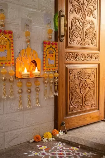 decorative jharokha with shubh labh cow hanging for home decor  handmade toran door hanging decor (set of 1)