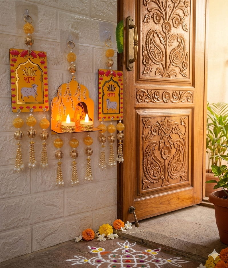 decorative jharokha with shubh labh cow hanging for home decor  handmade toran door hanging decor (set of 1)
