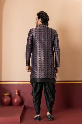 Silk blend black jacquard open sherwani dhoti set for men with embroidered work 4