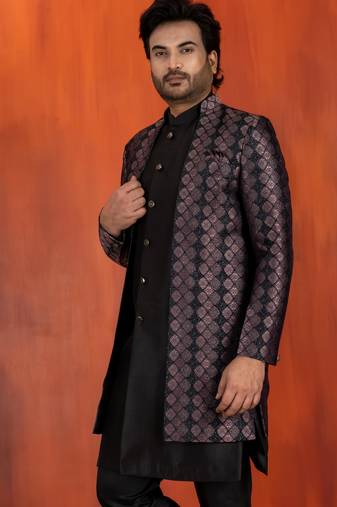 Silk blend black jacquard open sherwani dhoti set for men with embroidered work