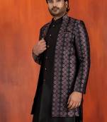 Silk blend black jacquard open sherwani dhoti set for men with embroidered work