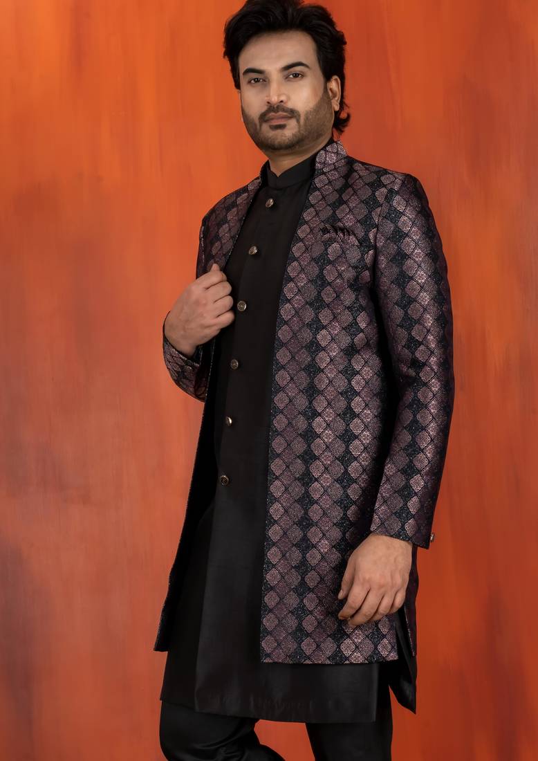 Silk blend black jacquard open sherwani dhoti set for men with embroidered work
