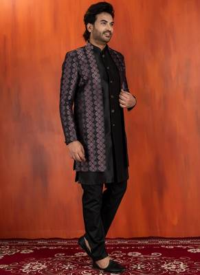 Silk blend black jacquard open sherwani dhoti set for men with embroidered work 2