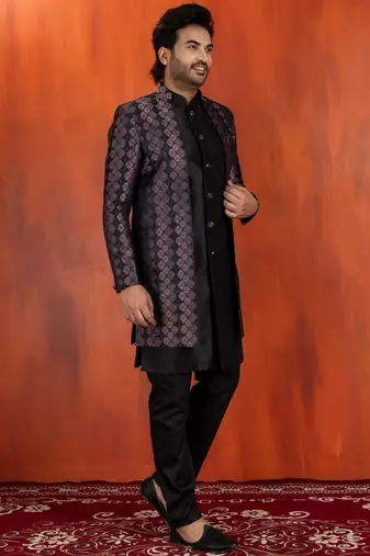 Silk blend black jacquard open sherwani dhoti set for men with embroidered work