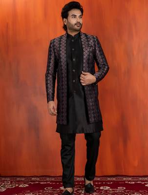 Silk blend black jacquard open sherwani dhoti set for men with embroidered work 3