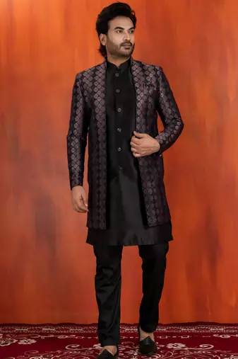 Silk blend black jacquard open sherwani dhoti set for men with embroidered work