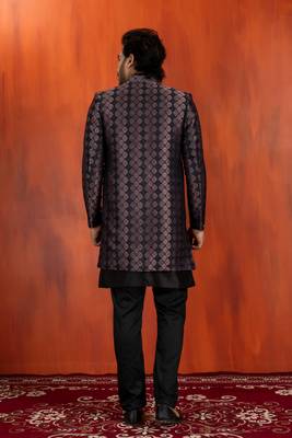 Silk blend black jacquard open sherwani dhoti set for men with embroidered work 4