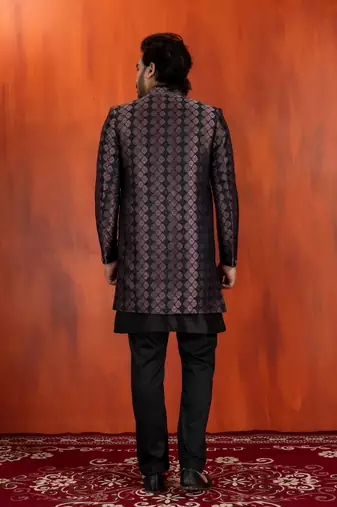 Silk blend black jacquard open sherwani dhoti set for men with embroidered work