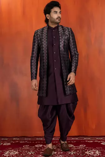 Silk blend black jacquard open sherwani dhoti set for men with embroidered work