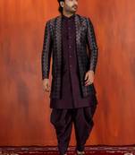 Silk blend black jacquard open sherwani dhoti set for men with embroidered work