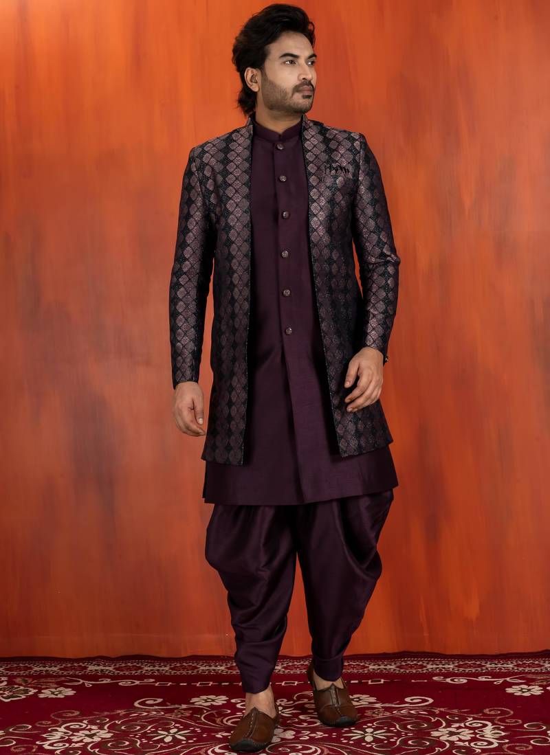 Silk blend black jacquard open sherwani dhoti set for men with embroidered work