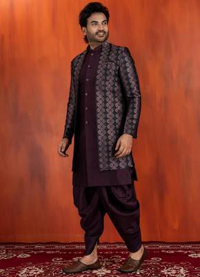 Silk blend black jacquard open sherwani dhoti set for men with embroidered work 2