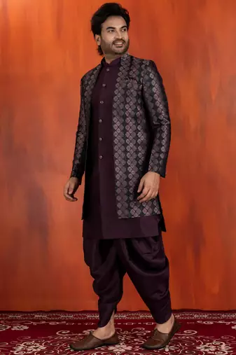 Silk blend black jacquard open sherwani dhoti set for men with embroidered work