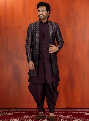 Silk blend black jacquard open sherwani dhoti set for men with embroidered work 3