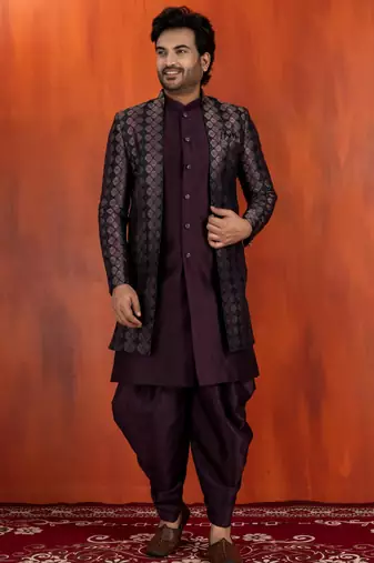 Silk blend black jacquard open sherwani dhoti set for men with embroidered work