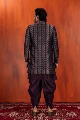 Silk blend black jacquard open sherwani dhoti set for men with embroidered work 4