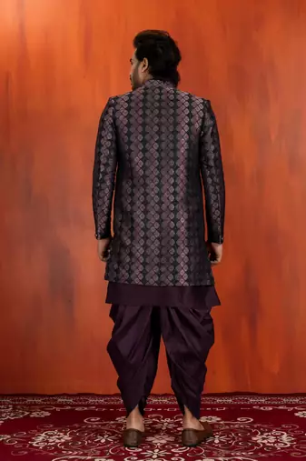 Silk blend black jacquard open sherwani dhoti set for men with embroidered work