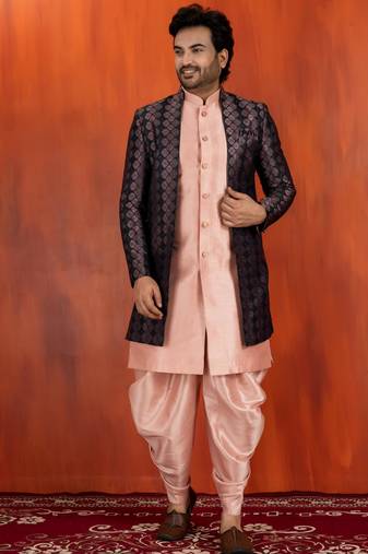Silk blend pink jacquard open sherwani pink dhoti set for men with embroidered work