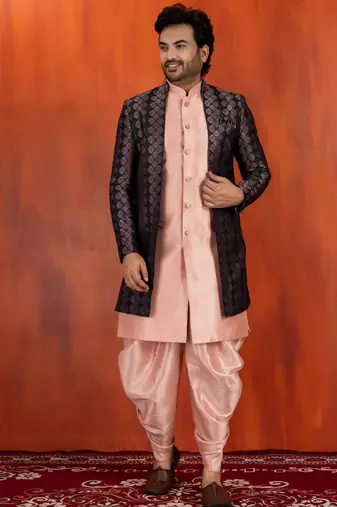 Silk blend pink jacquard open sherwani pink dhoti set for men with embroidered work