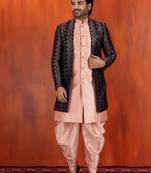 Silk blend pink jacquard open sherwani pink dhoti set for men with embroidered work