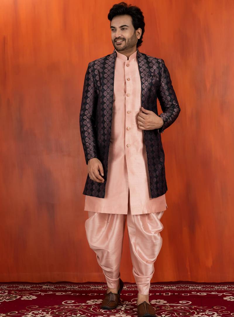 Silk blend pink jacquard open sherwani pink dhoti set for men with embroidered work