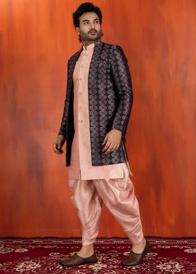 Silk blend pink jacquard open sherwani pink dhoti set for men with embroidered work 2